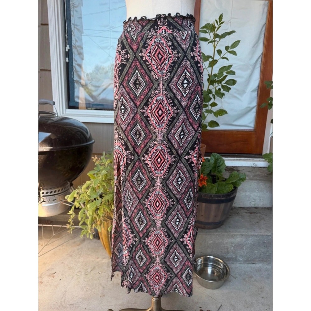 Boho Geometric Diamond Print Maxi Skirt with Side Slit Pink Black White